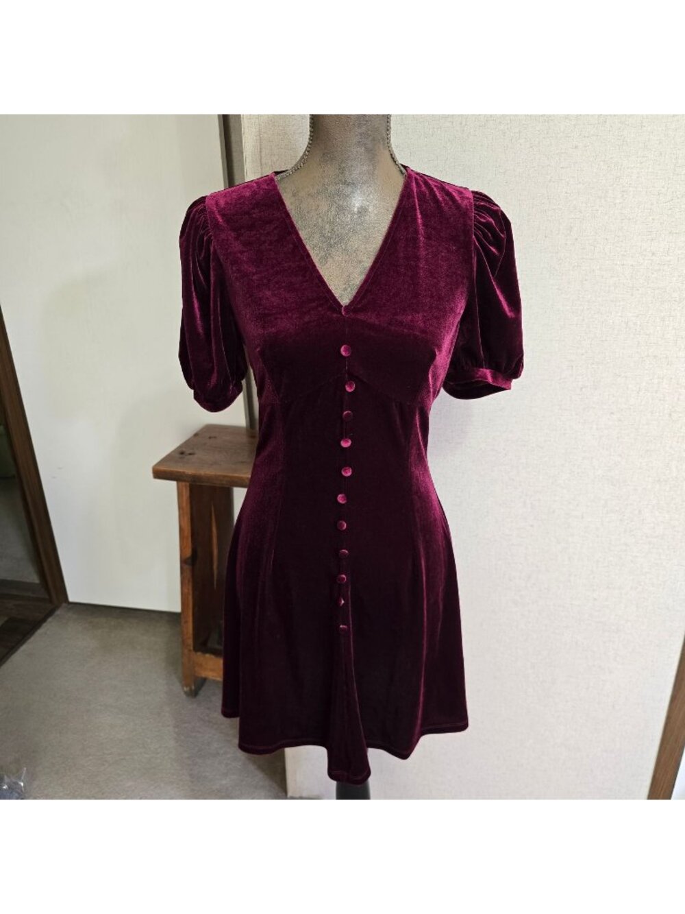 Elevator Disco Medium Velvet Mini Dress Burgundy Short Sleeve Button Whimsigoth